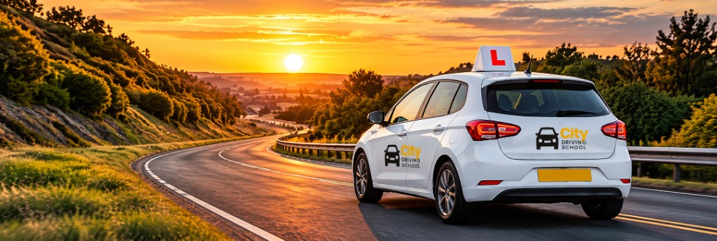City Driving School car on a sunset road